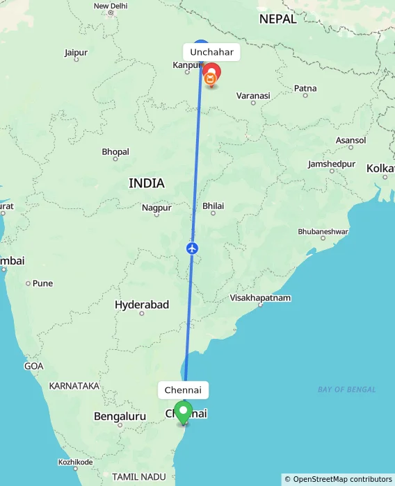Route map showing distance and travel time from Chennai, India to Unchahar, India