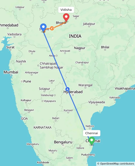 Route map showing distance and travel time from Chennai, India to Vidisha, India