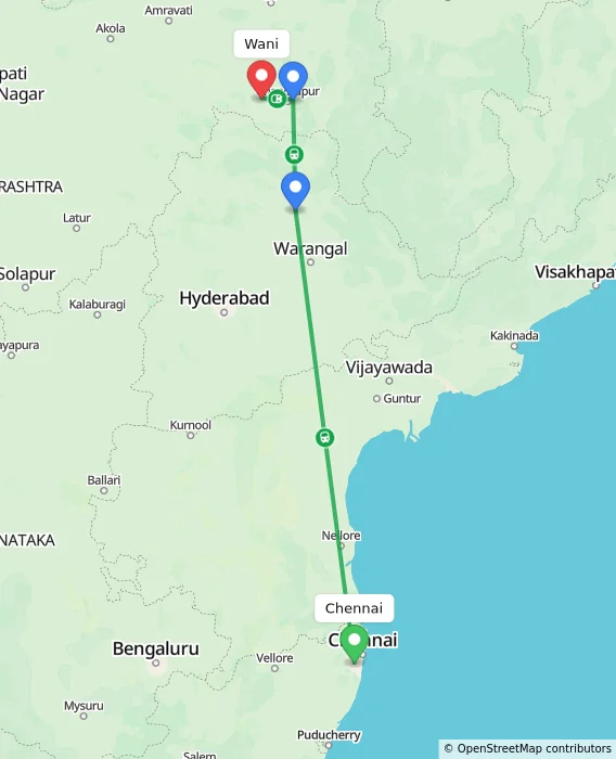 Route map showing distance and travel time from Chennai, India to Wani, India