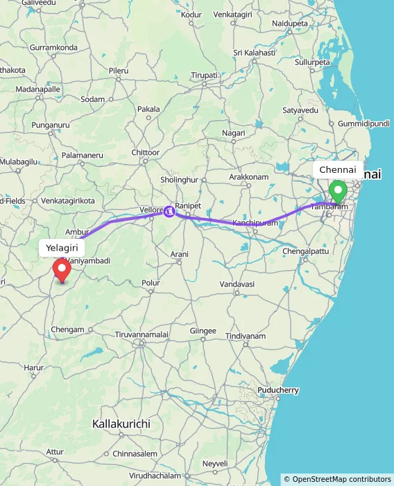 Route map showing distance and travel time from Chennai, India to Yelagiri, India