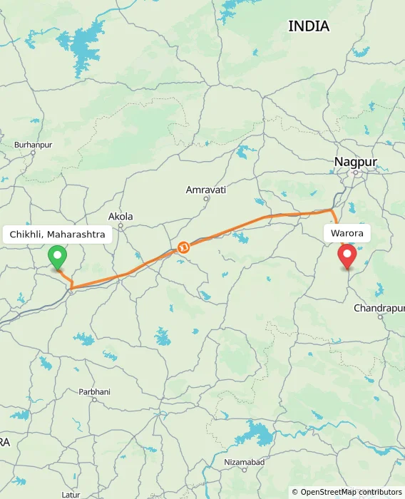 Route map showing distance and travel time from Chikhli, Maharashtra, India to Warora, India