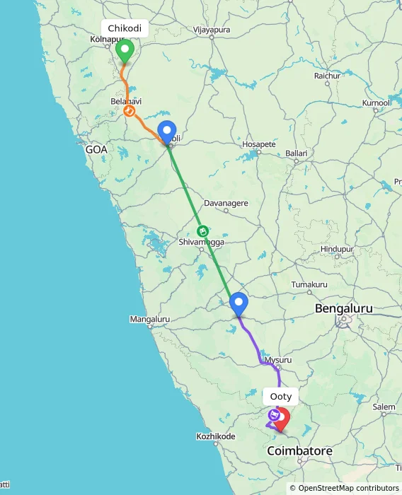 Route map showing distance and travel time from Chikodi, India to Ooty, India