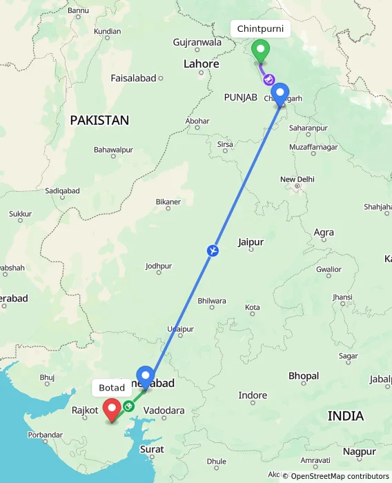 Route map showing distance and travel time from Chintpurni, India to Botad, India