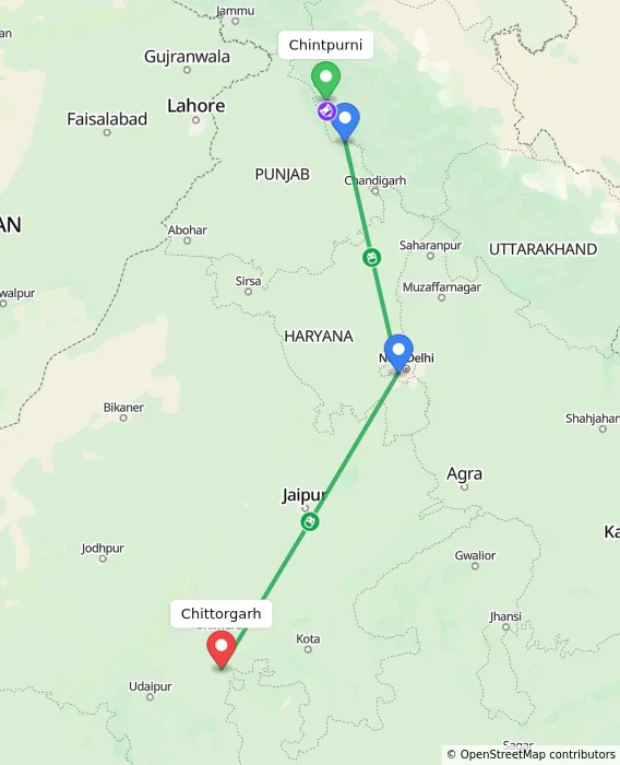 Route map showing distance and travel time from Chintpurni, India to Chittorgarh, India