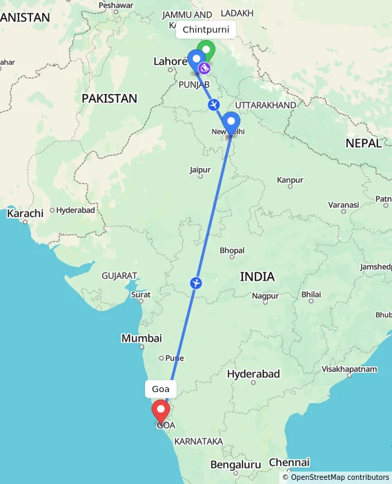 Route map showing distance and travel time from Chintpurni, India to Goa, India