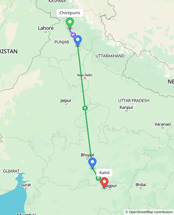 Route map showing distance and travel time from Chintpurni, India to Katol, India