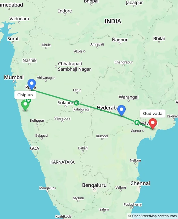 Route map showing distance and travel time from Chiplun, India to Gudivada, India