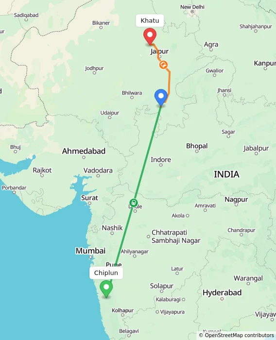 Route map showing distance and travel time from Chiplun, India to Khatu, India