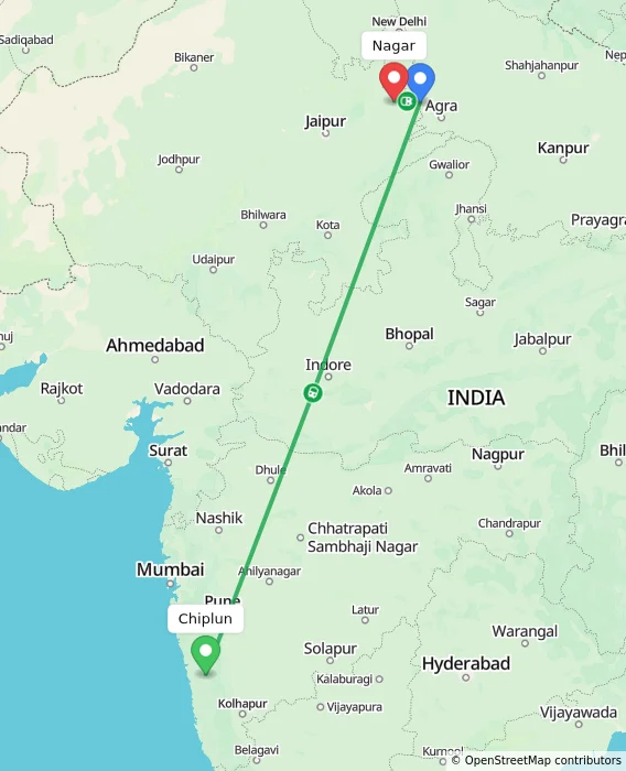 Route map showing distance and travel time from Chiplun, India to Nagar, India