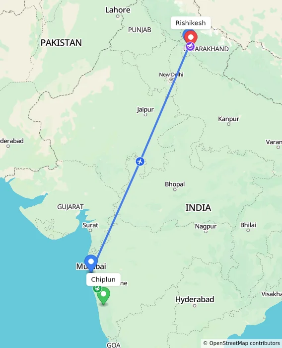 Route map showing distance and travel time from Chiplun, India to Rishikesh, India