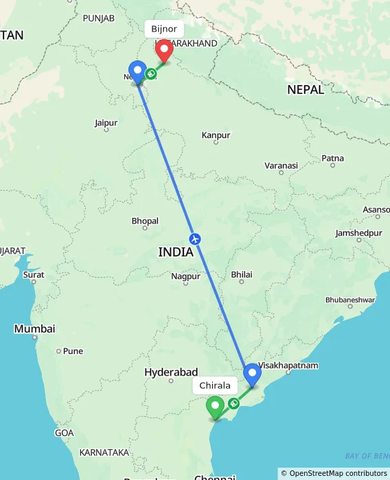 Route map showing distance and travel time from Chirala, India to Bijnor, India