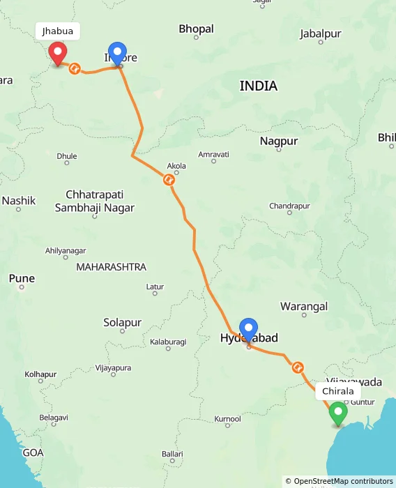 Route map showing distance and travel time from Chirala, India to Jhabua, India
