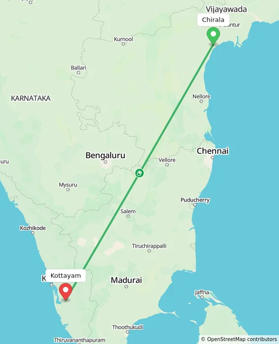 Route map showing distance and travel time from Chirala, India to Kottayam, India