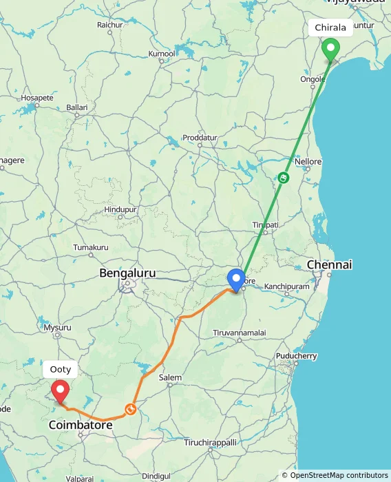 Route map showing distance and travel time from Chirala, India to Ooty, India