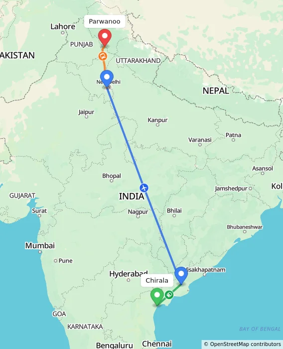 Route map showing distance and travel time from Chirala, India to Parwanoo, India