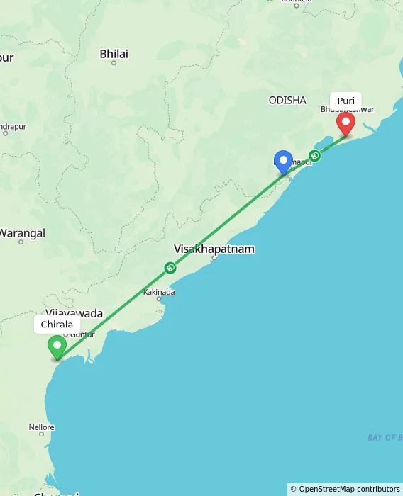 Route map showing distance and travel time from Chirala, India to Puri, India