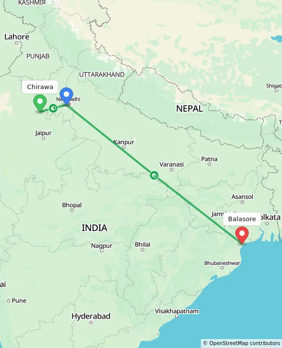 Route map showing distance and travel time from Chirawa, India to Balasore, India