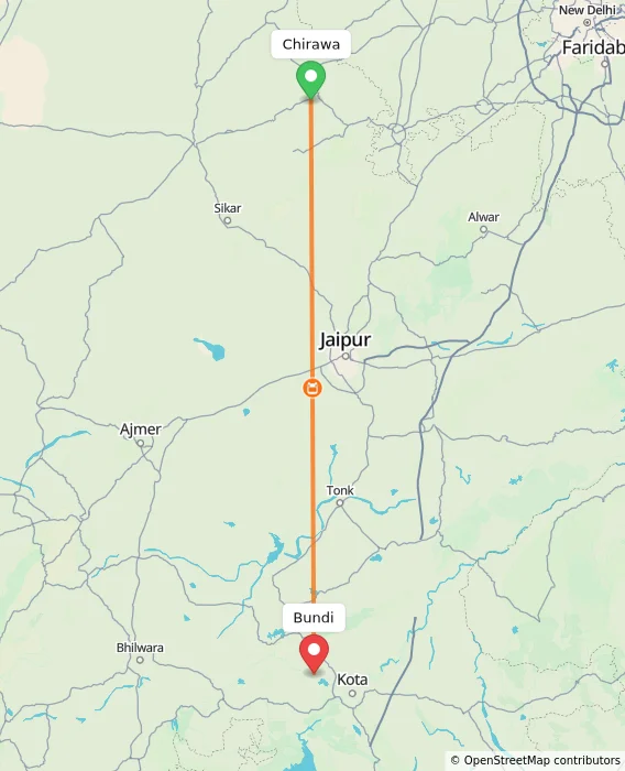 Route map showing distance and travel time from Chirawa, India to Bundi, India