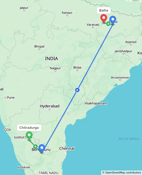 Route map showing distance and travel time from Chitradurga, India to Ballia, India