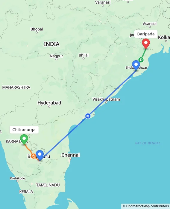 Route map showing distance and travel time from Chitradurga, India to Baripada, India