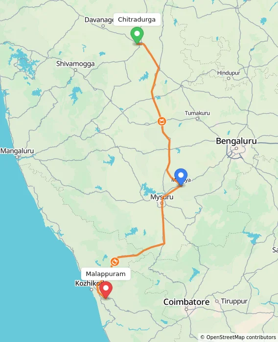 Route map showing distance and travel time from Chitradurga, India to Malappuram, India