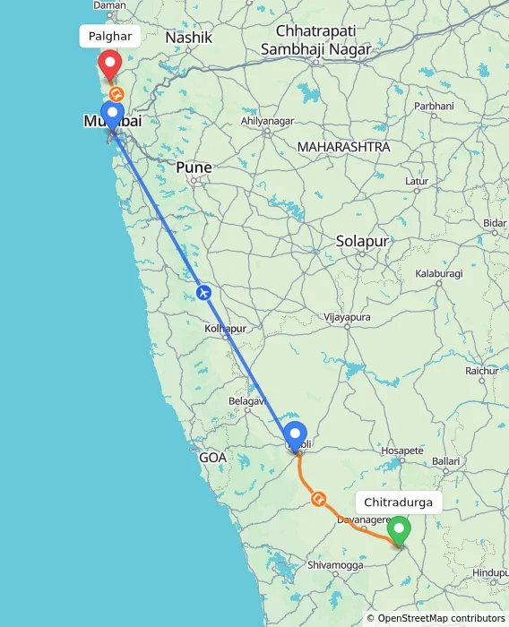 Route map showing distance and travel time from Chitradurga, India to Palghar, India