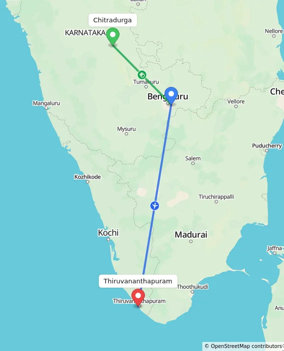 Route map showing distance and travel time from Chitradurga, India to Thiruvananthapuram, India