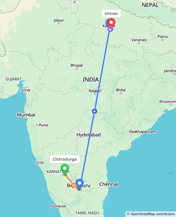Route map showing distance and travel time from Chitradurga, India to Unnao, India