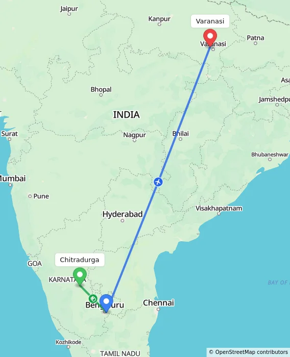 Route map showing distance and travel time from Chitradurga, India to Varanasi, India