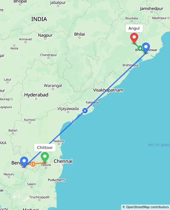 Route map showing distance and travel time from Chittoor, India to Angul, India