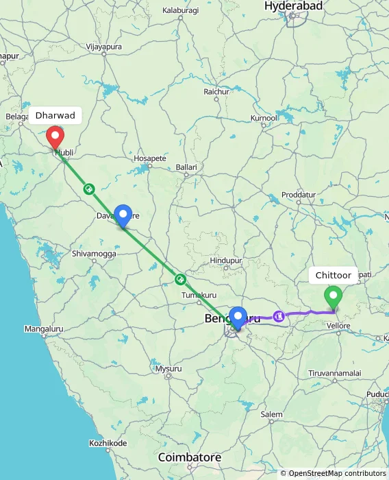 Route map showing distance and travel time from Chittoor, India to Dharwad, India