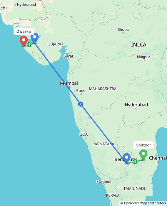 Route map showing distance and travel time from Chittoor, India to Dwarka, India