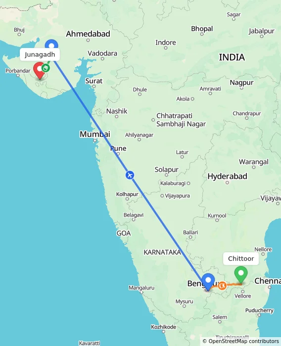 Route map showing distance and travel time from Chittoor, India to Junagadh, India