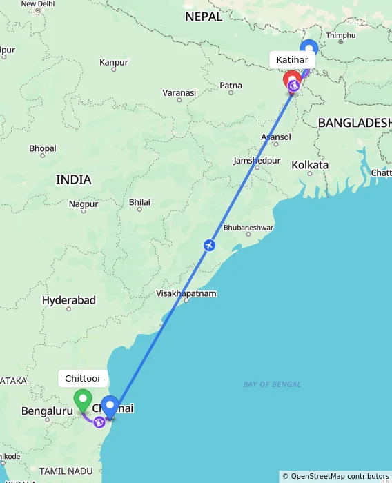 Route map showing distance and travel time from Chittoor, India to Katihar, India