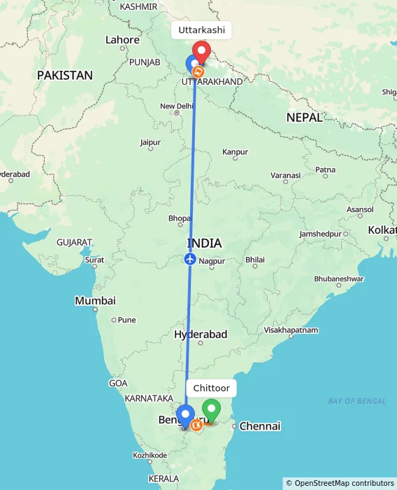 Route map showing distance and travel time from Chittoor, India to Uttarkashi, India