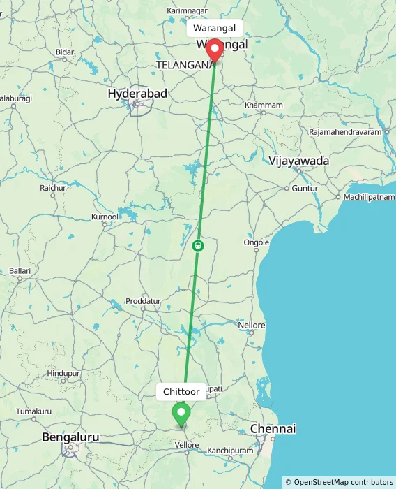 Route map showing distance and travel time from Chittoor, India to Warangal, India
