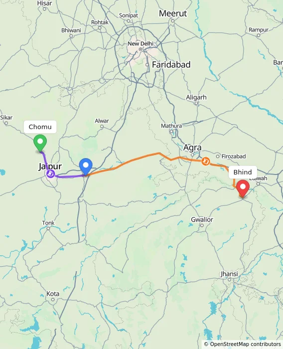 Route map showing distance and travel time from Chomu, India to Bhind, India