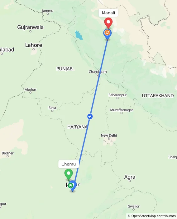Route map showing distance and travel time from Chomu, India to Manali, India