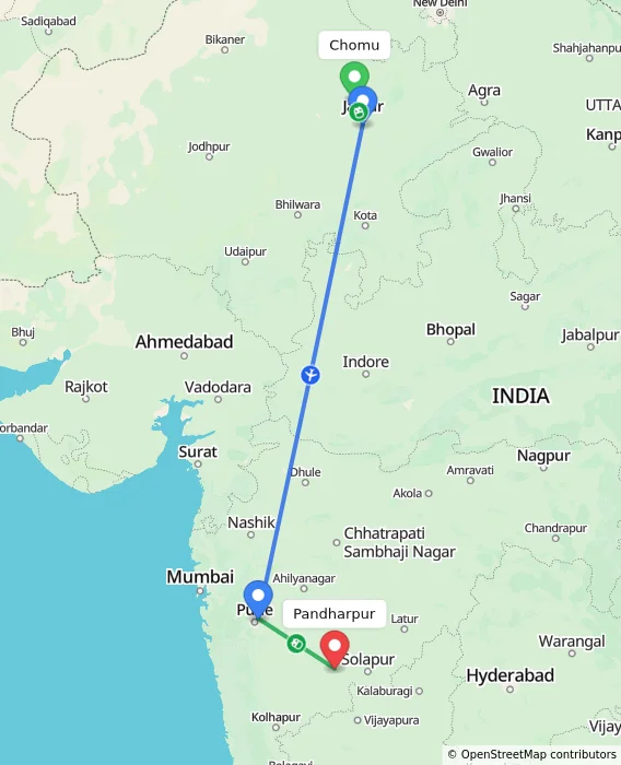 Route map showing distance and travel time from Chomu, India to Pandharpur, India