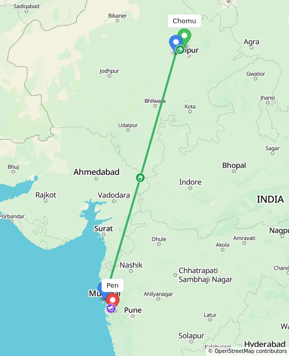 Route map showing distance and travel time from Chomu, India to Pen, India