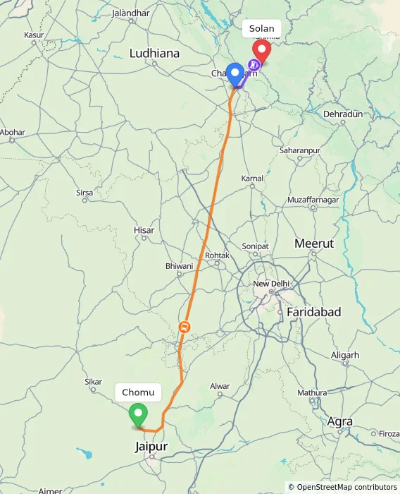 Route map showing distance and travel time from Chomu, India to Solan, India