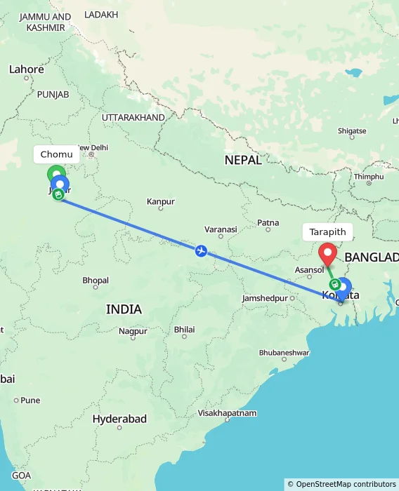 Route map showing distance and travel time from Chomu, India to Tarapith, India