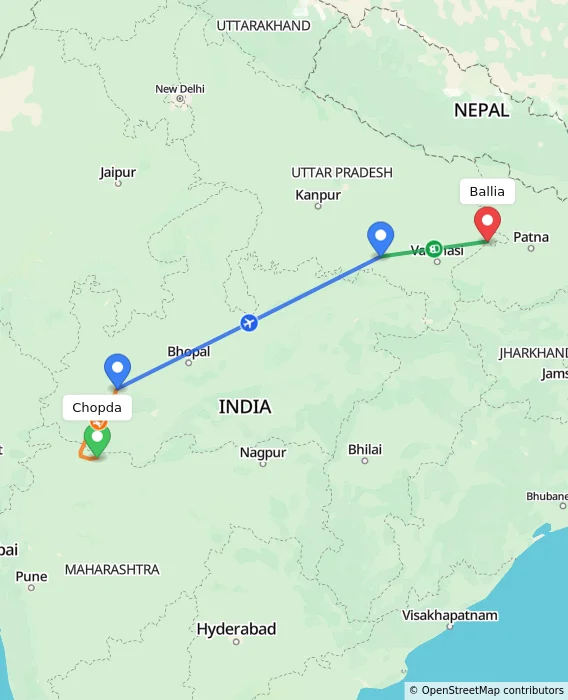 Route map showing distance and travel time from Chopda, India to Ballia, India
