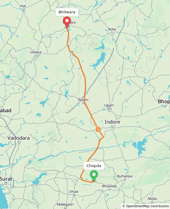 Route map showing distance and travel time from Chopda, India to Bhilwara, India