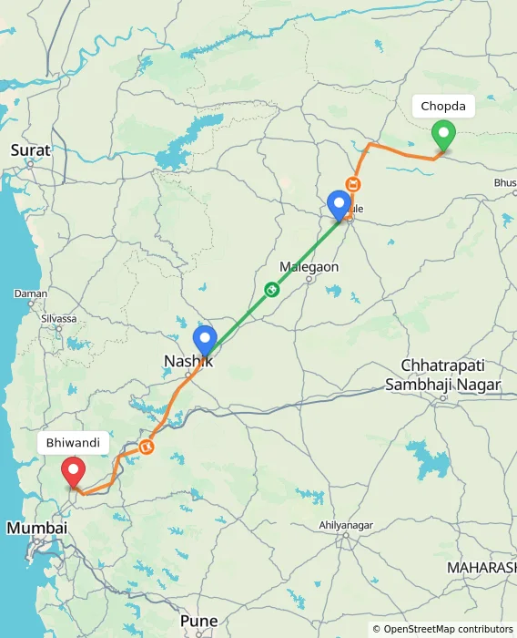 Route map showing distance and travel time from Chopda, India to Bhiwandi, India