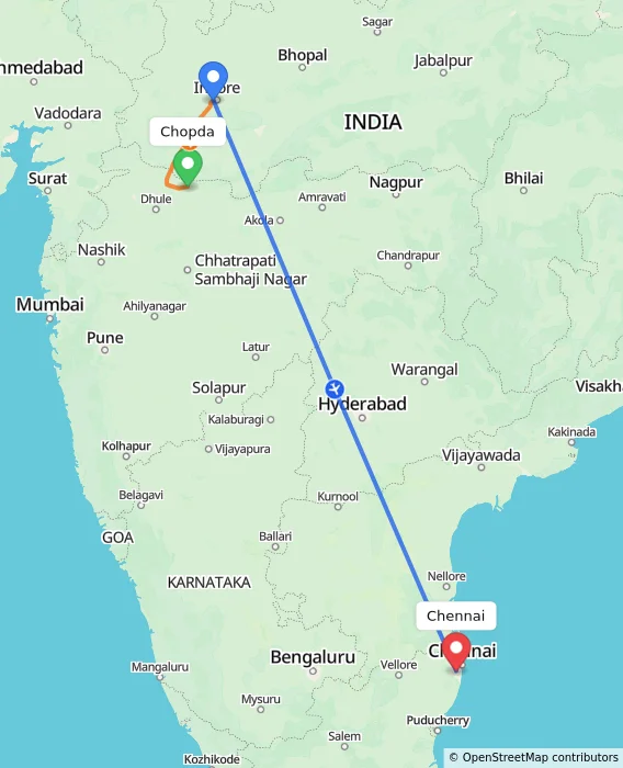 Route map showing distance and travel time from Chopda, India to Chennai, India