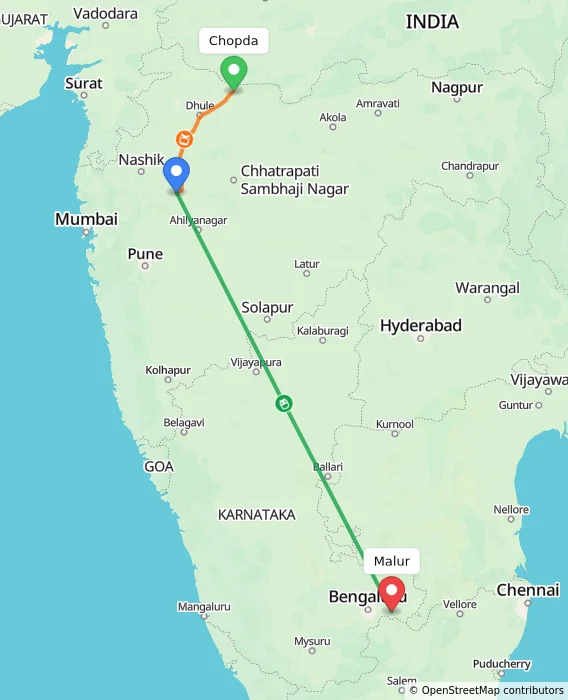 Route map showing distance and travel time from Chopda, India to Malur, India
