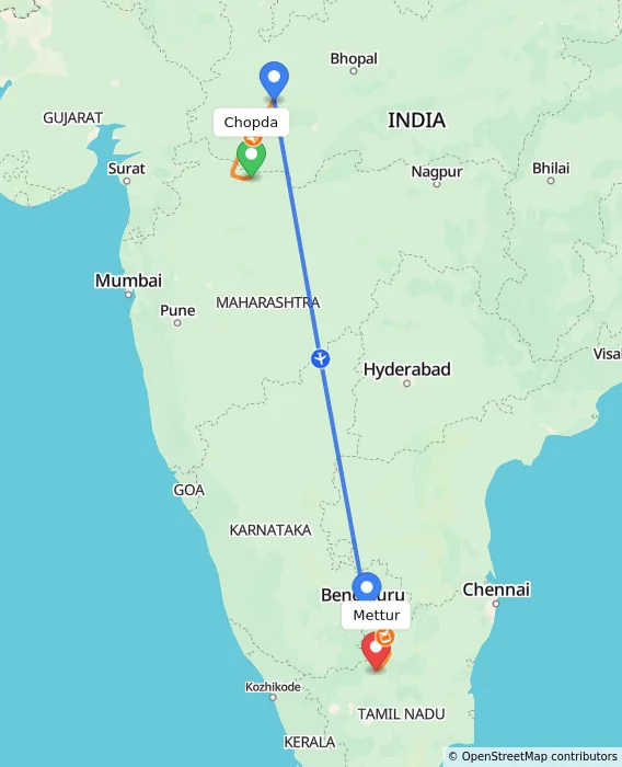 Route map showing distance and travel time from Chopda, India to Mettur, India