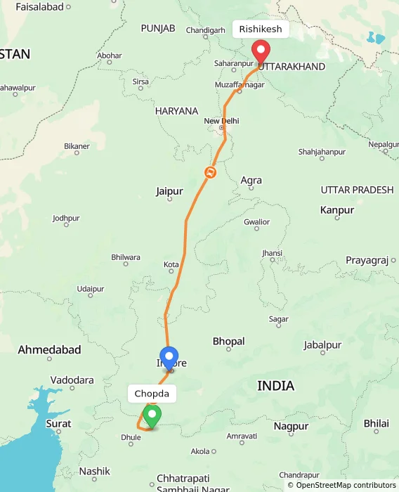 Route map showing distance and travel time from Chopda, India to Rishikesh, India
