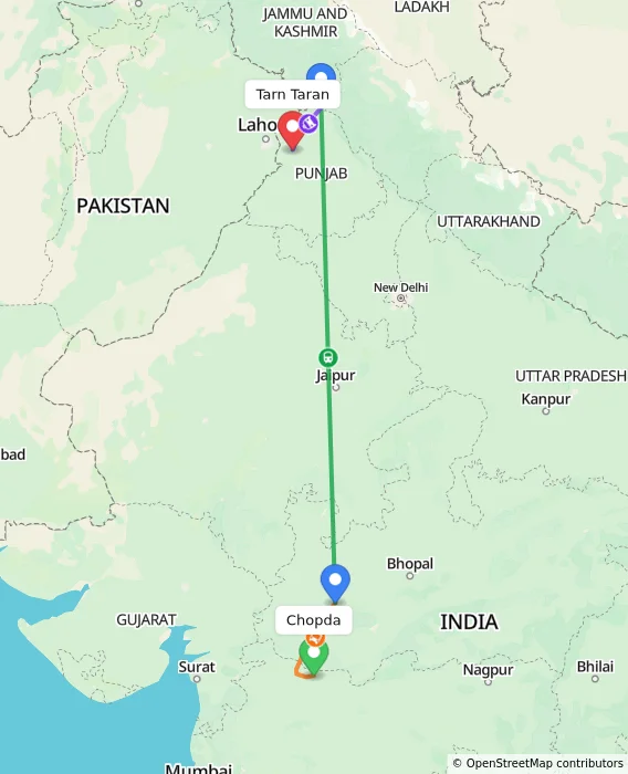 Route map showing distance and travel time from Chopda, India to Tarn Taran, India